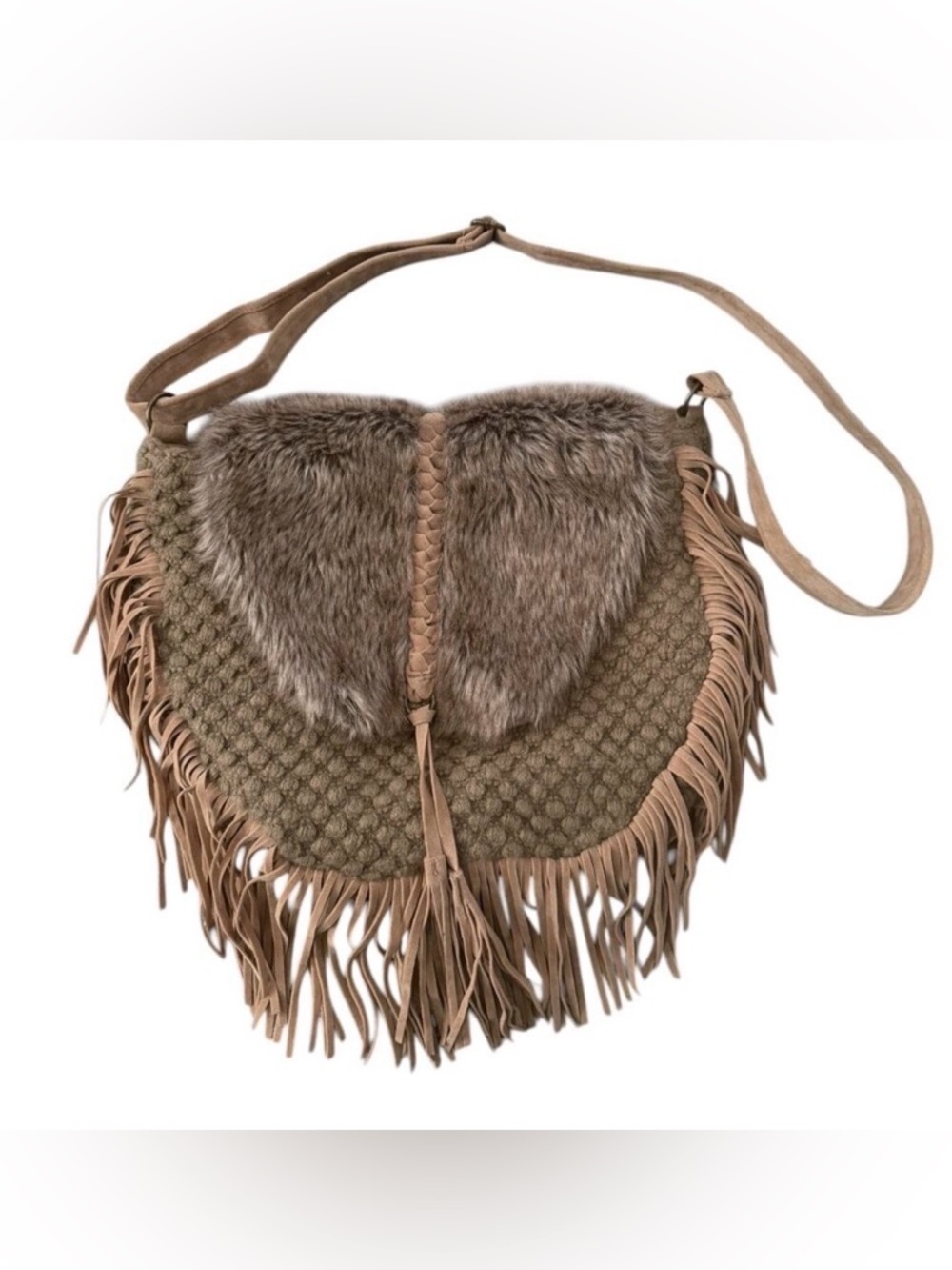 Boho Fringe Crossbody Bag Faux Fur Western Festival Indie Cowgirl Tan AZIZA